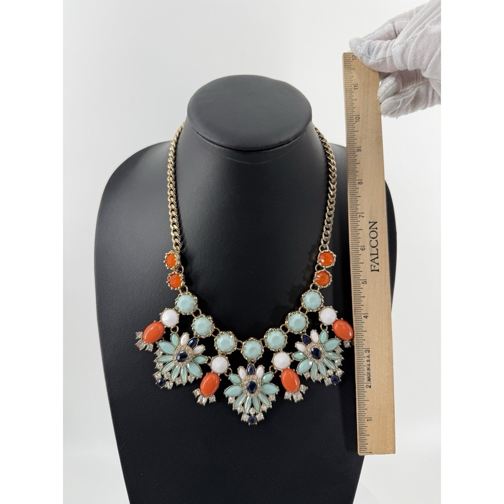 Chunky Bib Statement Necklace Gold Tone Teal Orange White crystal Floral - Picture 6 of 8